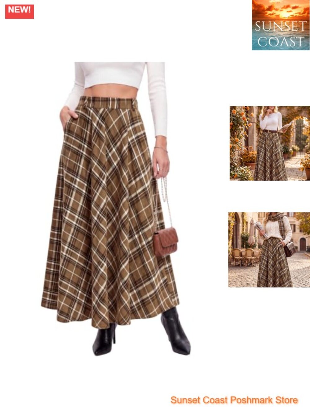 Womens Plaid Maxi Skirt High Waist A-Line with Pockets Fall Fashion